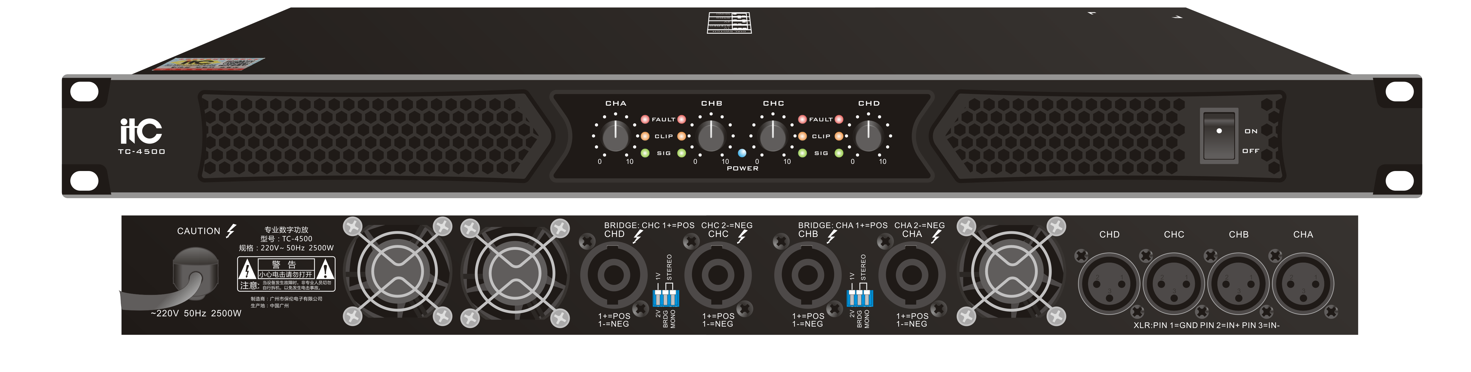 Усилитель ITC-4500  4-х канальный усилитель 4х500W / 8 Ом, 4х800W / 4 Ом